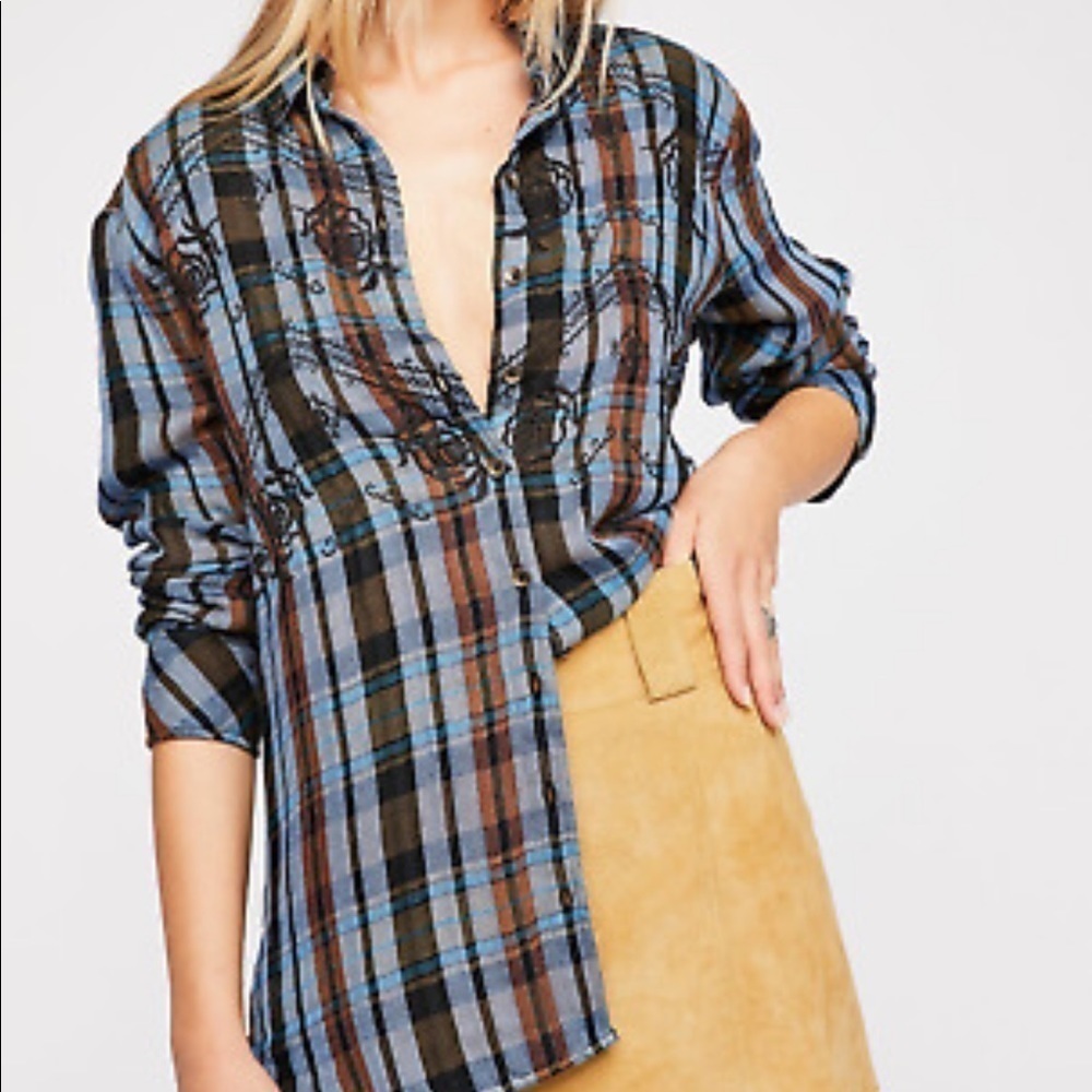 Free people magical plaid embroidered button up western - Picture 2 of 9